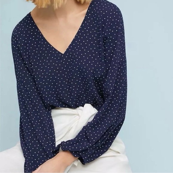 Anthropologie Tops - Maeve Anthropologie Pernille Navy Blue Polka Dot Puffy Sleeve Blouse Medium